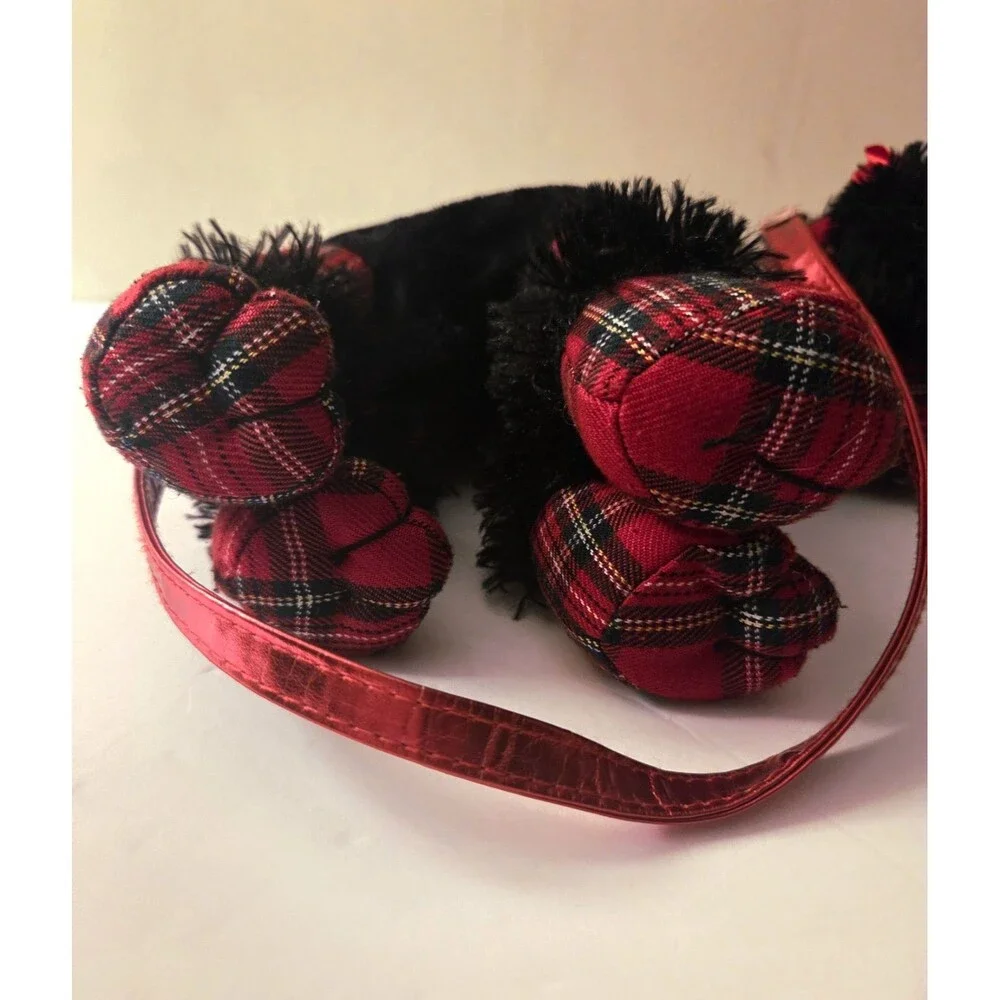 Poochie & Co Novelty Black Plush Poodle Purse Red Plaid Dog Shoulder Bag 13